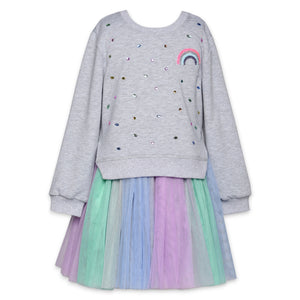 Baby Sara Rhinestone & Rainbow Tutu 2fer Dress ~ Gray Multi