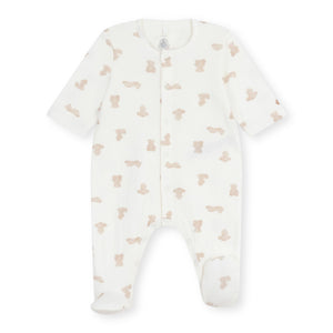 Petit Bateau Front Snap Teddy Print Footie ~ White/Beige