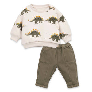 Play Up Baby Stegosaurus Print Sweatshirt & Twill Pants Set ~ Natural/Moss