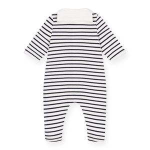 Petit Bateau Front Snap Striped Sailor Collar Footie ~ White/Navy