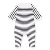 Petit Bateau Front Snap Striped Sailor Collar Footie ~ White/Navy