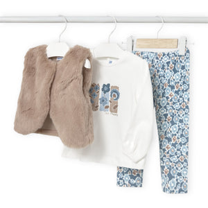 Mayoral Baby Girl Faux Fur Vest, l/s Tee & Leggings 3pc Set ~ Blue Bell