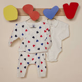 Petit Bateau Heart Print Cardigan, Onesie & Pants Set ~ White Multi