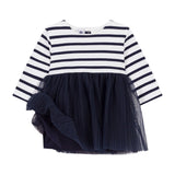 Petit Bateau Baby Bi-material Striped l/s Dress w/ Tulle ~ White/Navy