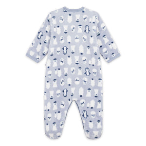 Petit Bateau Polaire Front Snap Snowman Print Footie ~ Blue/White