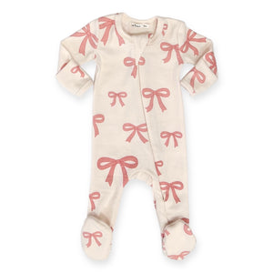 Oh Baby! Pink Bows Zipper Footie ~ Natural