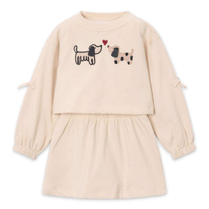 Mayoral Girls Embroidered Puppies Fleece Dress ~ Light Khaki
