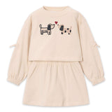 Mayoral Girls Embroidered Puppies Fleece Dress ~ Light Khaki