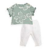 Play Up Baby Floral T-Shirt & Pants w/Frills Set ~ Sage/Off White