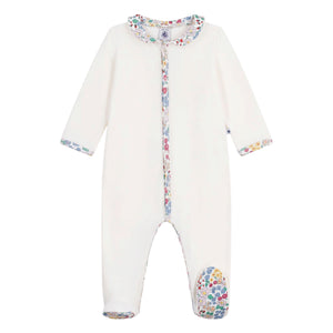 Petit Bateau Front Snap Velour Footie w/ Floral Print Collar ~ White