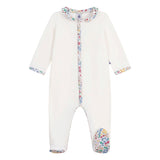 Petit Bateau Front Snap Velour Footie w/ Floral Print Collar ~ White