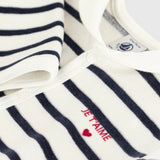Petit Bateau Velour Front Snap Striped Je T'aime Footie w/ Sailor Collar ~ White/Navy