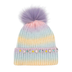Bari Lynn Ombre Jewel Cuff Hat w/ Fur Pom ~ Pastel/Lavender