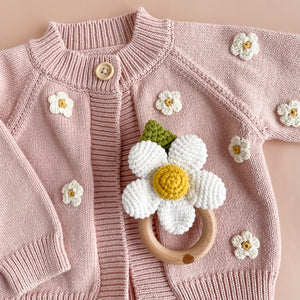 The Blueberry Hill Crochet Flower Wooden Ring Rattle ~ White