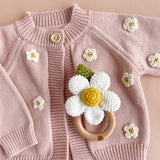 The Blueberry Hill Crochet Flower Wooden Ring Rattle ~ White