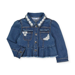 Mayoral Baby Girl Lace Embellished Peplum Jean Jacket ~ Dark Wash