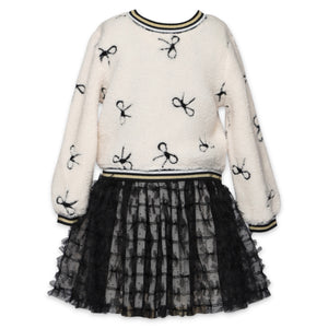 Baby Sara Embroidered Bows Sherpa 2fer Tutu Dress ~ Ivory/Black