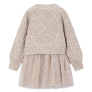 Mayoral Girls Knit & Tulle Dress w/ Bows ~ Beige Vigo