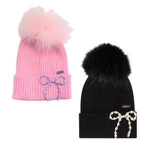Bari Lynn Pearl Bow Hat w/ Fur Pom