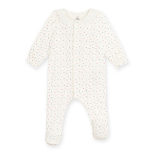 Petit Bateau Velour Front Snap Multi Heart Footie w/ Ruffle Collar ~ White Multi