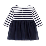 Petit Bateau Baby Bi-material Striped l/s Dress w/ Tulle ~ White/Navy