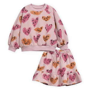 Play Up Girls Hearts Print Fleece Sweatshirt & Skirt Set ~ Rose