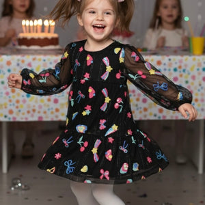 Baby Sara Sequin Mesh Empire Tier Dress ~ Black Multi