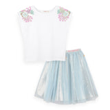 Billieblush Sequin Shoulder T-Shirt & Mesh Skirt Set ~ White/Ice Water