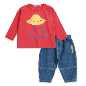 Bobo Choses Baby Pixel Abduction l/s T-shirt & Taxi Saurus Denim Pants Set ~ Red/Midnight Blue