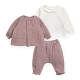 Play Up Baby Woven Cardigan, Ruffle Collar Top & Woven Pants Set ~ Dusty Mauve/White