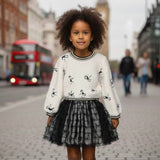 Baby Sara Embroidered Bows Sherpa 2fer Tutu Dress ~ Ivory/Black
