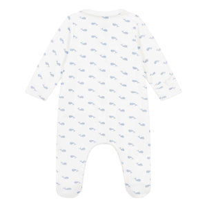 Petit Bateau Velour Front Snap Whale Print Footie w/ Collar ~ White/Blue