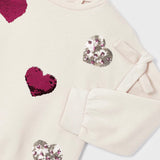 Mayoral Girls Sequin Hearts Sweatshirt & Faux Leather Leggings Set ~ Oat/Blackberry