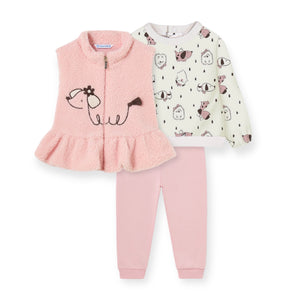 Mayoral Baby Girl Dogs Printed Sweatshirt, Joggers & Fuzzy Vest Set ~ Rose
