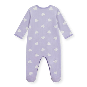 Petit Bateau Velour Front Snap Heart Print Footie ~ Purple/White