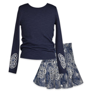 Hannah Banana Embroidered Butterfly Top & Chambray Skirt Set 7-12 ~ Blue Multi