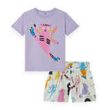 Stella McCartney Girls Roller Cat Tee & Cat Print Shorts Set 7-12 ~ Purple/White