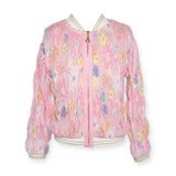 Hannah Banana Smocked Floral Print Sequin Bomber Jacket ~ Pink Multi