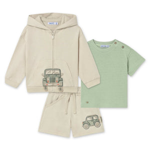 Mayoral Baby Boy Jeep Graphic Zip Hoodie, s/s T-shirt & Shorts Set ~ Hemp/Matcha