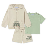 Mayoral Baby Boy Jeep Graphic Zip Hoodie, s/s T-shirt & Shorts Set ~ Hemp/Matcha