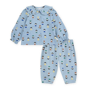 Bobo Choses Baby Game Pawns Print Denim Blouse & Pants Set ~ Light Blue
