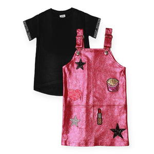 MIA New York Icon Overalls Dress w/ Patches & Luxe Tee Set ~ Pink/Black