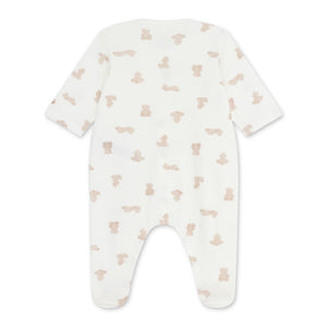 Petit Bateau Front Snap Teddy Bear Print Footie ~ White/Beige