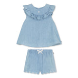 Petit Bateau Baby Sleeveless Chambray Blouse & Shorts w/ Scallop Detail Set ~ Blue