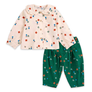 Bobo Choses Baby Blossom Print Woven Blouse & Corduroy Pants Set ~ Off-White/Dark Green