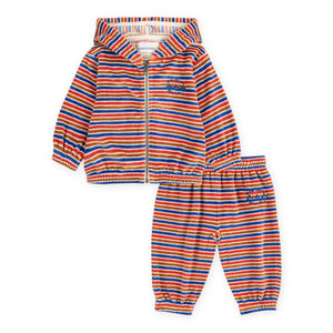Bobo Choses Baby Have Fun Striped Velour Zip Hoodie, Doggy Mate l/s Tee & Joggers Set ~ Red/Blue Multi