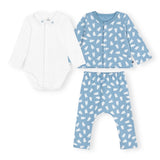 Petit Bateau Bear Print Cardigan, Pants & Collared Onesie Set ~ Blue/White