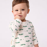 Petit Bateau Back Snap Crocodile Print Brushed Fleece Footie ~ White/Green