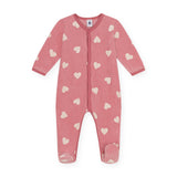 Petit Bateau Front Snap Velour Heart Print Footie ~ Raspberry/White