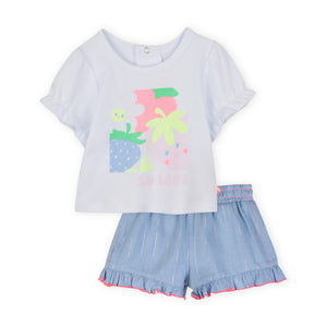 Billieblush Baby s/s Graphic T-shirt & Ruffle Hem Shorts Set ~ White/Bleach